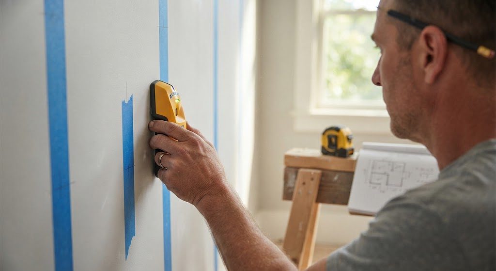 Hand marking stud locations with painter's tape before living room renovation