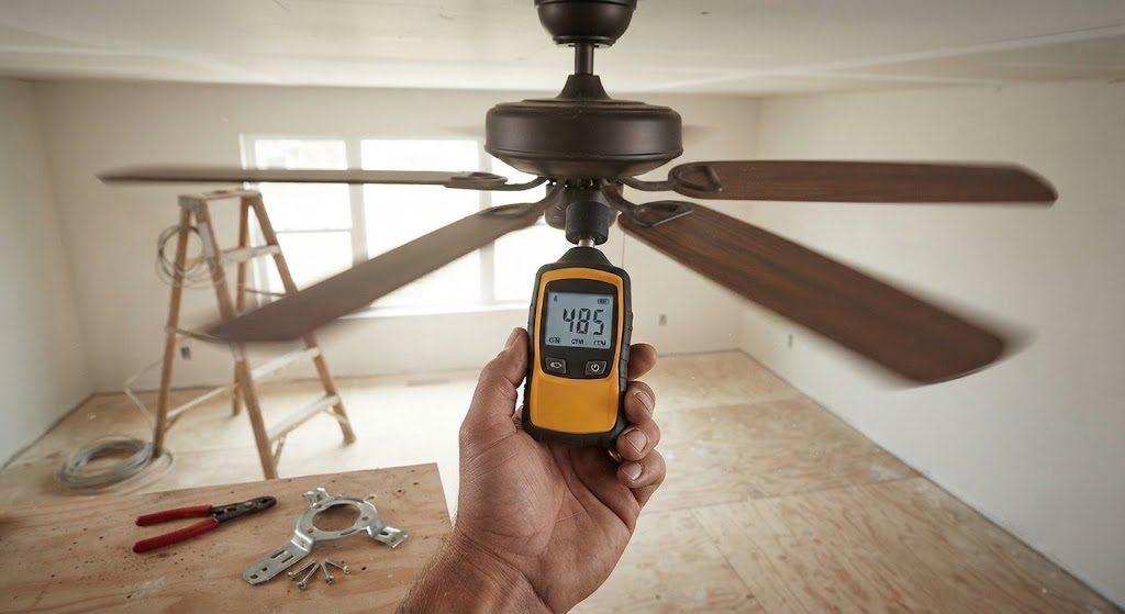 Hand measuring CFM output from ceiling fan with digital anemometer in living room