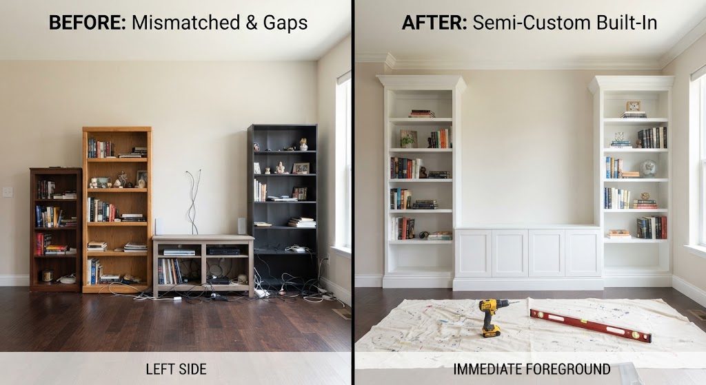 Freestanding vs. hybrid semi-custom built-in storage on a living room wall
