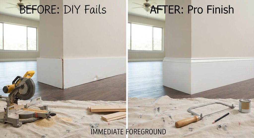 Baseboard comparison — cheap 3-inch MDF with gaps vs. 7-inch pine with clean coped corners