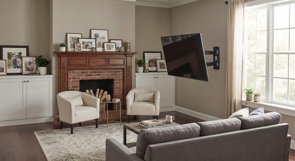TV on perpendicular wall next to fireplace with articulating mount, L-shaped sofa facing screen