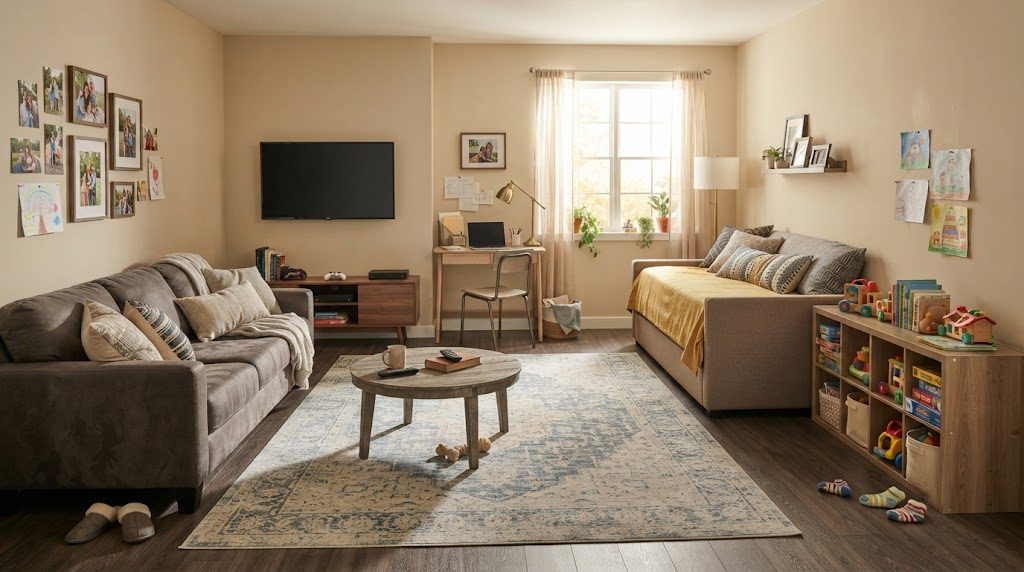 The Living Room That Has to Do Everything: TV, Playroom, Home Office, Guest Space