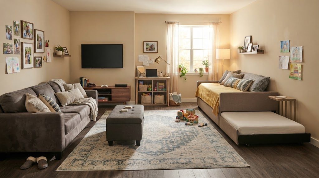 Multipurpose living room with TV zone, desk, toy storage, and daybed guest space in defined zones