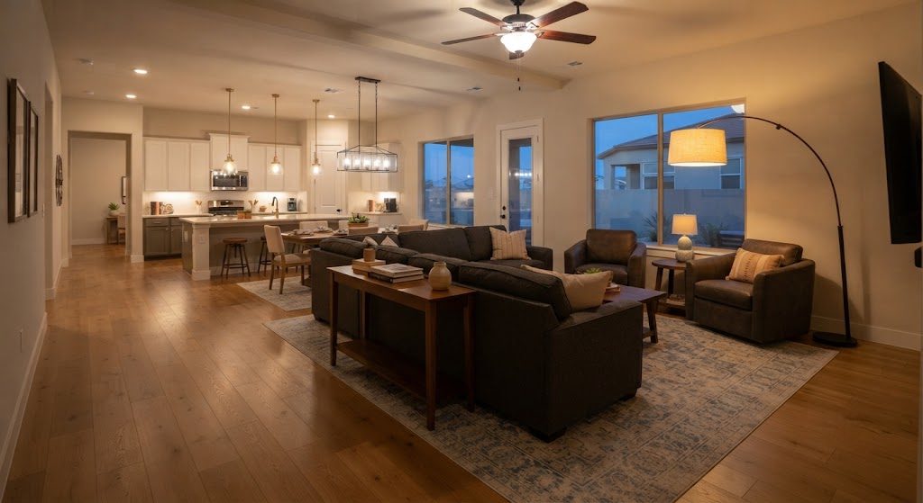 Open floor plan with living room zone defined by area rug, floating sofa, and separate lighting