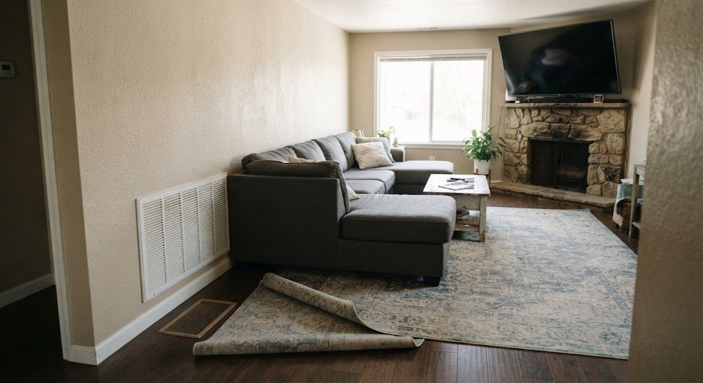 Living room with common renovation mistakes — sofa blocking HVAC return, TV over fireplace, covered floor register
