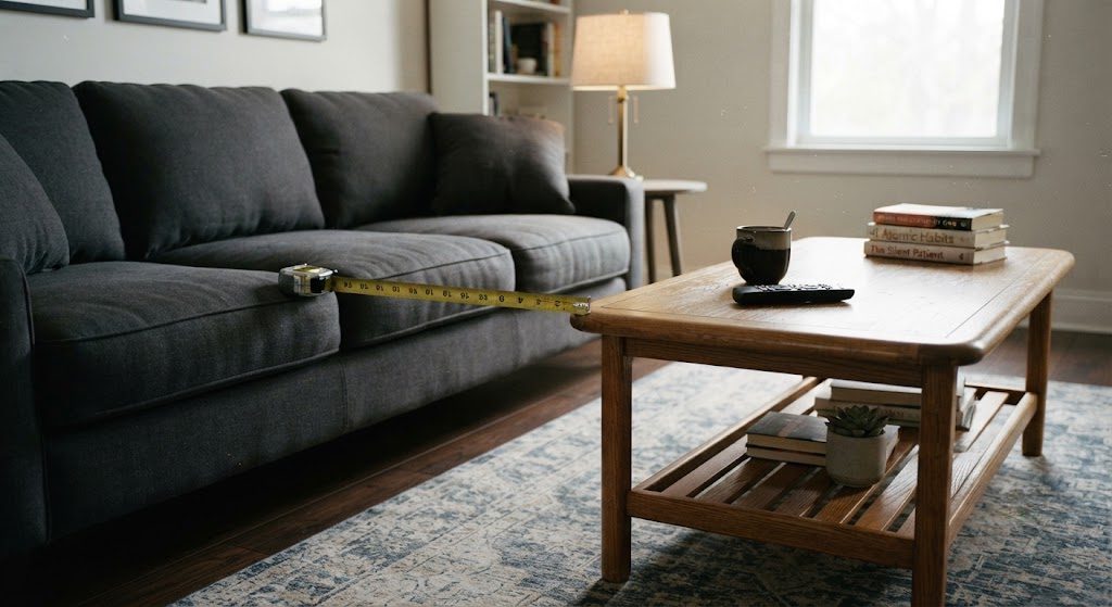 Wood coffee table with rounded corners, 16 inches from sofa, remote and mug on top