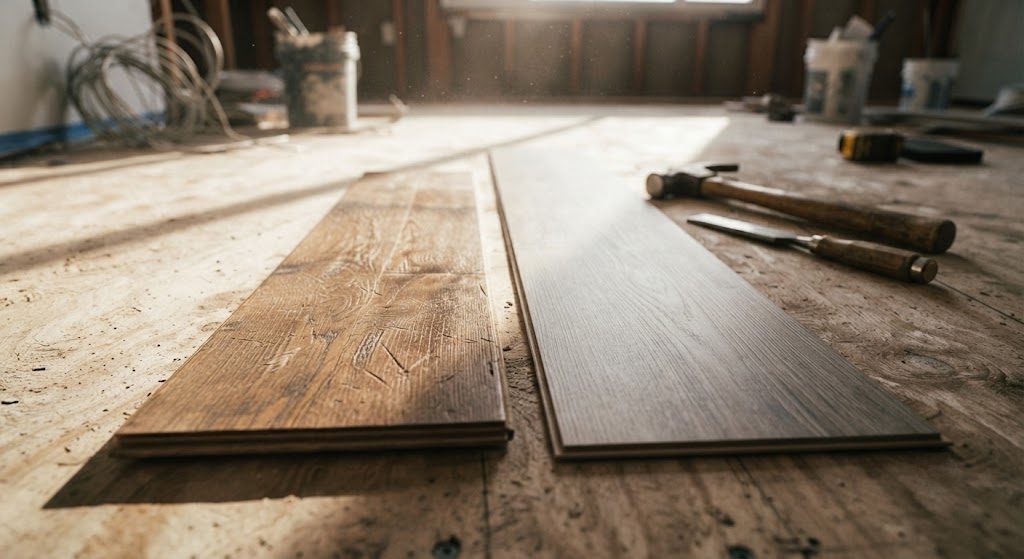 Hardwood vs. LVP Living Room Durability — Job Site Comparison Scratched hardwood flooring next to durable LVP plank on a living room subfloor