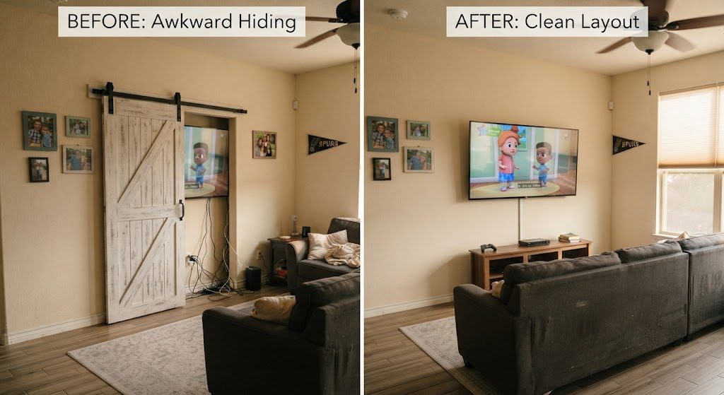 Stop Hiding the TV — Design a Living Room Layout That Works With the Screen Comparison of hidden TV behind barn door vs. clean wall-mounted TV with direct sofa placement