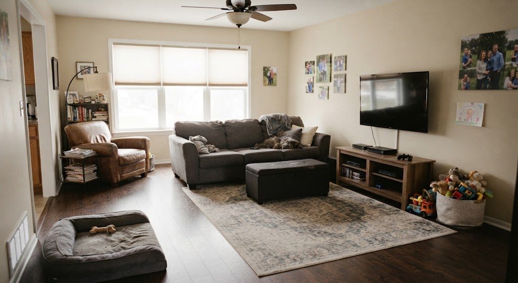 Living Room Layout That Works for a Real Family — After Two Failed Attempts Mike Garza's living room third layout — sofa facing TV, wide path, rug, reading corner, lived-in