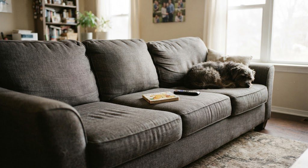 Family sofa with performance fabric, firm cushions, dog and remotes — real life condition after three years