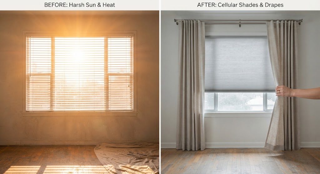 Window Treatment Sun Strategy — Cellular Shades, Drapes, and Heat Control West-facing window before and after — cellular shade with drapes vs. bare blinds in harsh sun