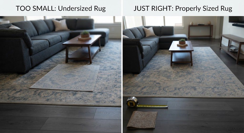 Area rug sizing comparison — 5x7 too small vs. 9x12 properly anchored under living room furniture
