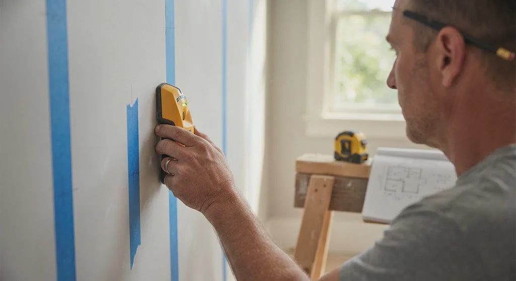 Hand marking stud locations with painter's tape before living room renovation