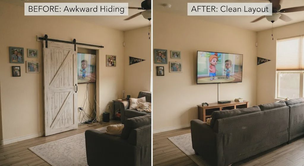 Comparison of hidden TV behind barn door vs. clean wall-mounted TV with direct sofa placement