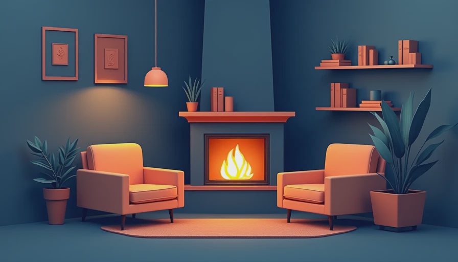 Illustration for living room layout with fireplace